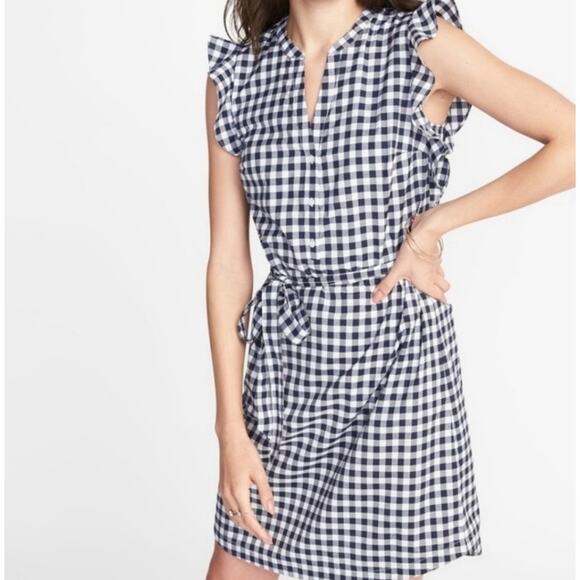 Old Navy Dress Maternity XL Navy Gingham Capped Ruffled Sleeves Tie Belt NWT - Picture 1 of 9